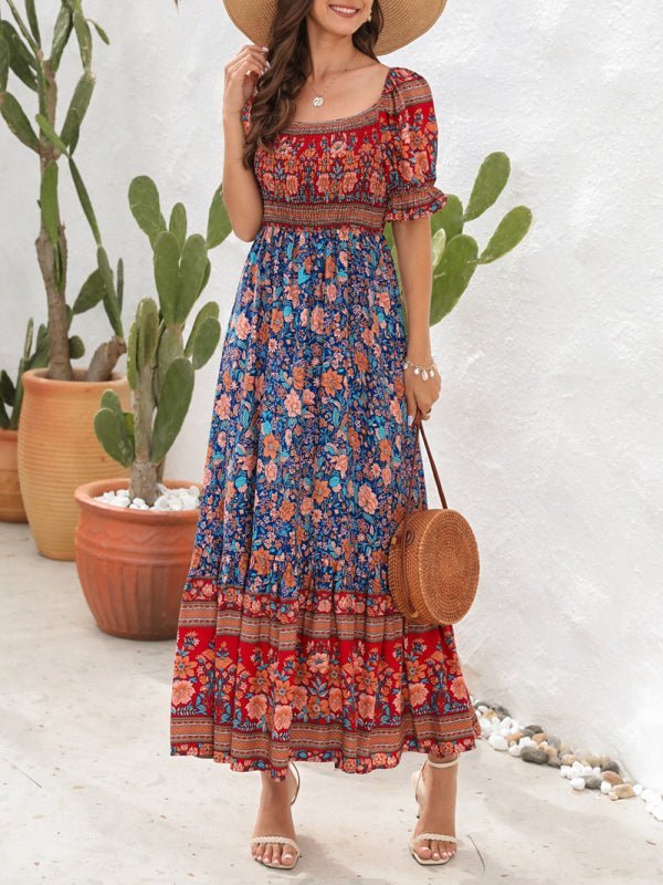Levoire | Robe de Plage Boho Off-Shoulder à Manches Bouffantes Fleurie Midi