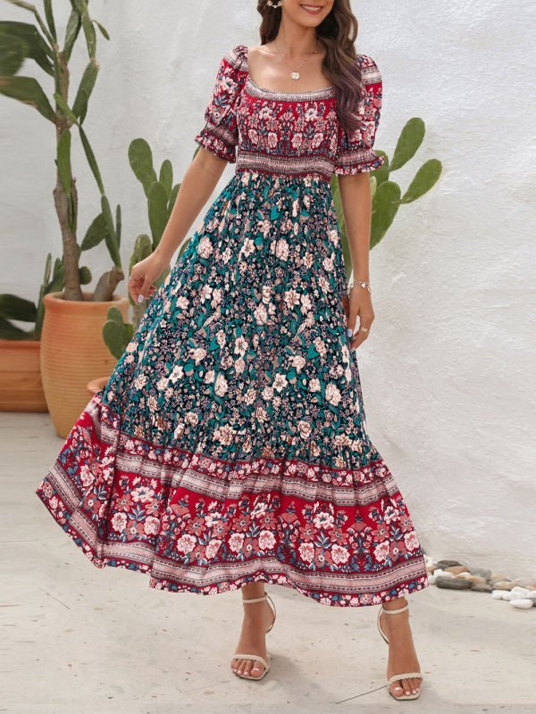 Levoire | Robe de Plage Boho Off-Shoulder à Manches Bouffantes Fleurie Midi