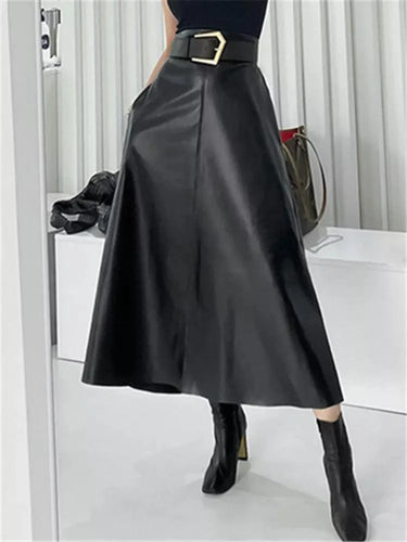 Levoire | Boho Chic Cuir Synthétique Jupe A-Ligne Taille Empire Longueur Midi