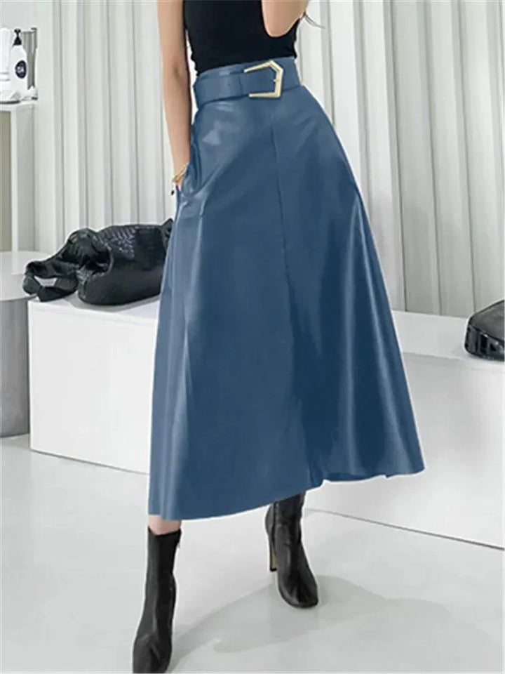 Levoire | Boho Chic Cuir Synthétique Jupe A-Ligne Taille Empire Longueur Midi Bleu Une taille