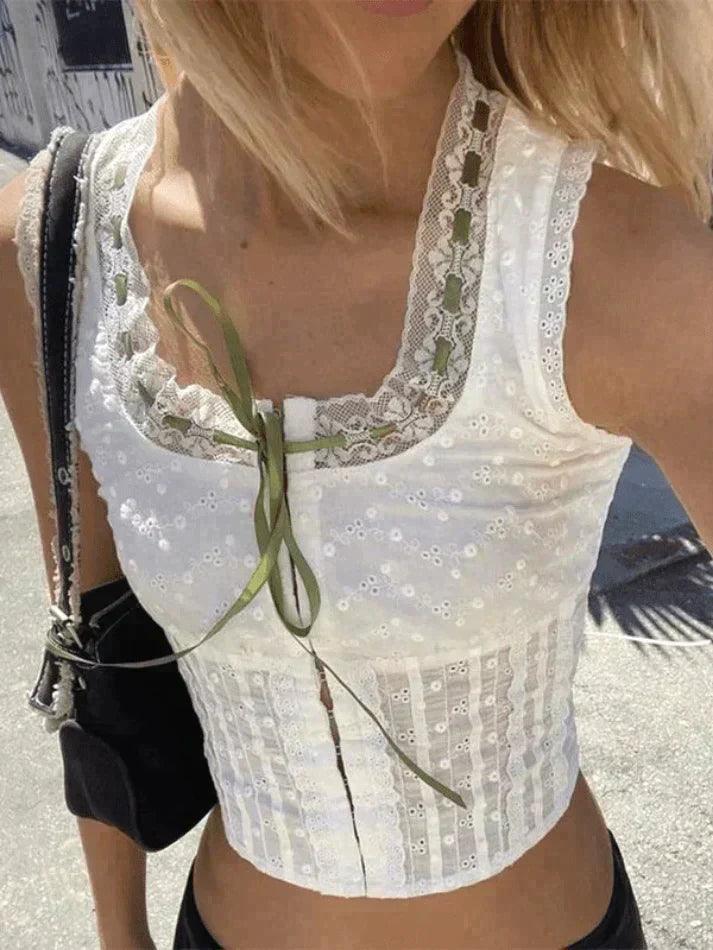 Levoire | Broderie Dentelle Blanc Débardeur Court