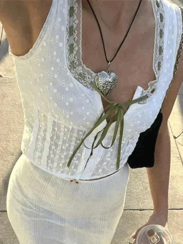 Levoire | Broderie Dentelle Blanc Débardeur Court