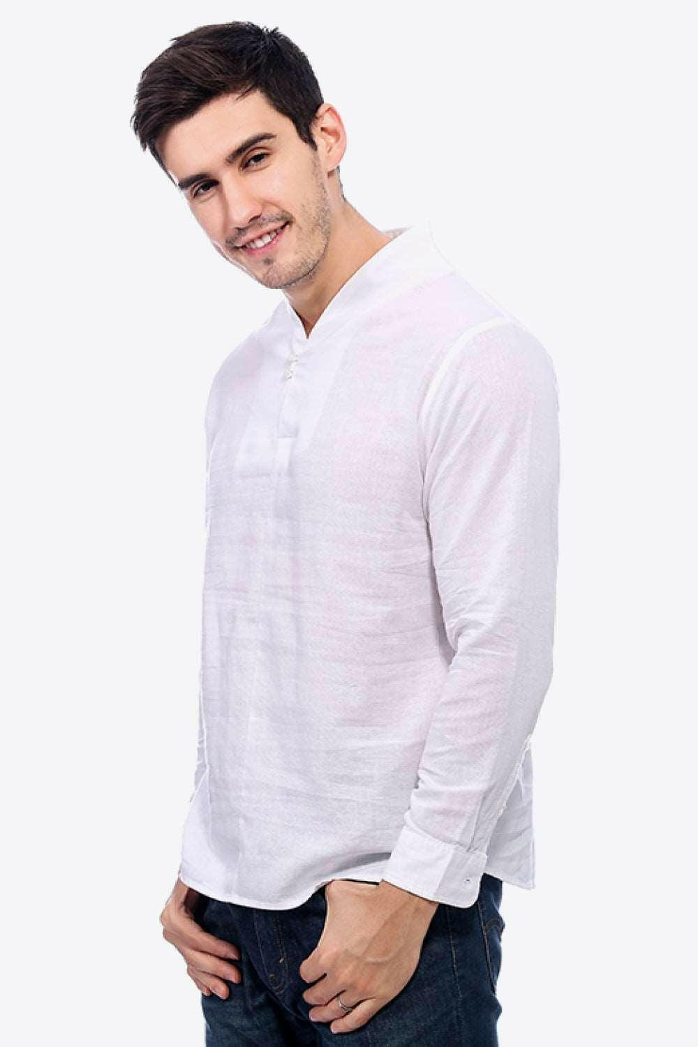 Levoire | Boutons T-Shirt En Lin À Décolleté En V Avec Manches Longues
