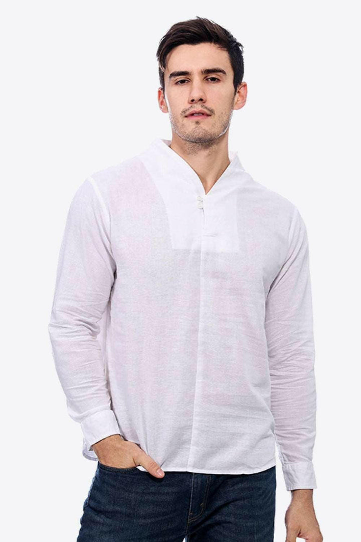 Levoire | Boutons T-Shirt En Lin À Décolleté En V Avec Manches Longues