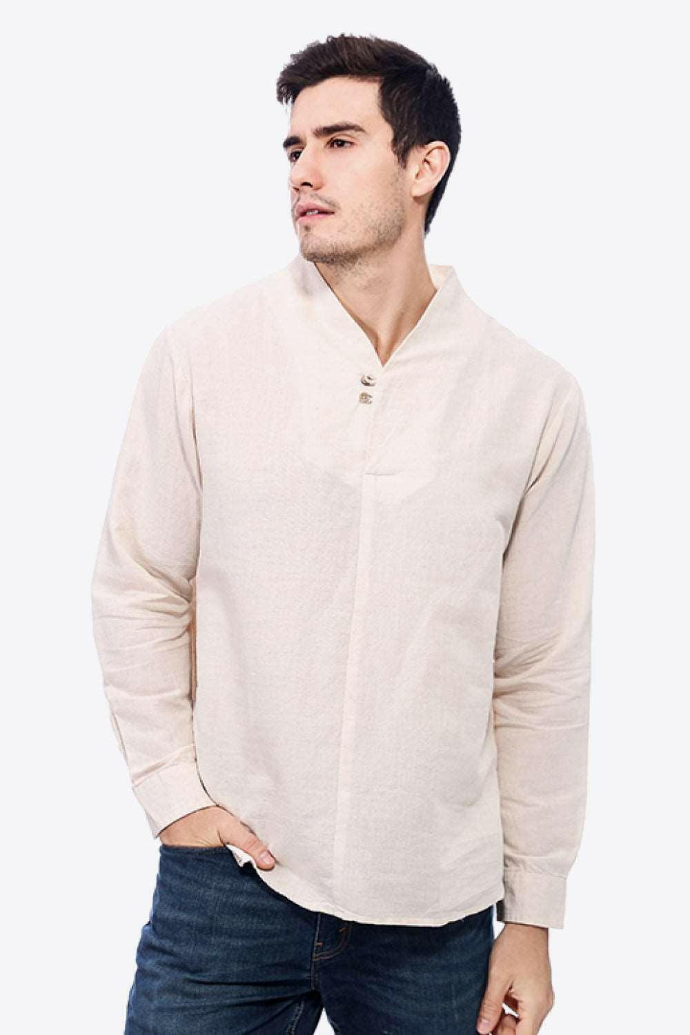 Levoire | Boutons T-Shirt En Lin À Décolleté En V Avec Manches Longues