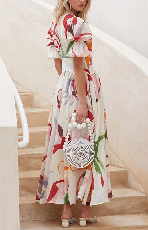 Levoire | Robe Maxi Plage Imprimé Chiffon Slim Fit Col V