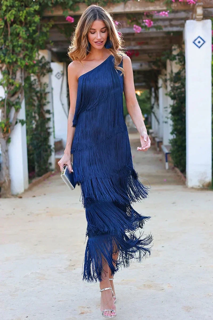 Levoire | Robe Élégante Unique À Épaulettes Demi Bleu