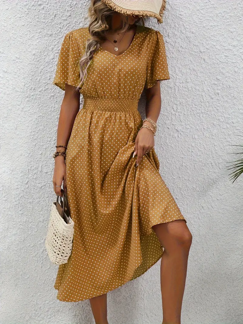 Levoire | Robe Taille Froncée Imprimée sur Toute la Surface, Robe Décontractée à Manches Courtes Bronze