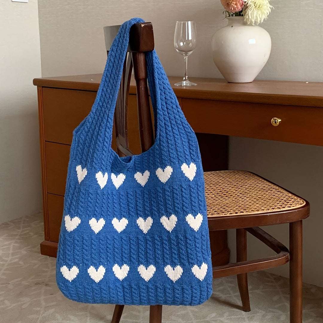 Levoire | Sac À Provisions Tricoté Fait Main Avec Motif Cœur Bleu