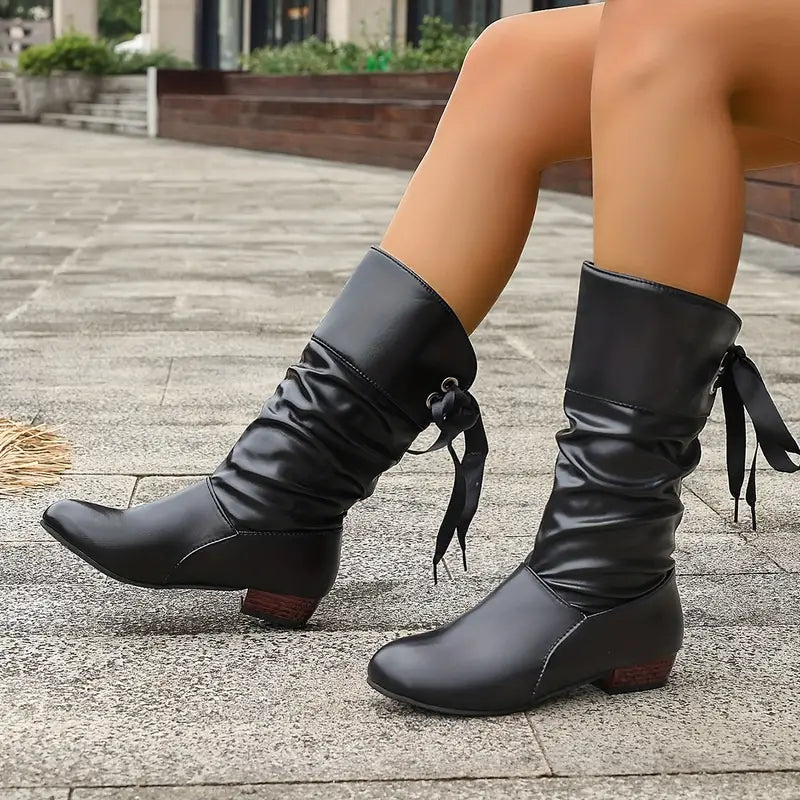 Levoire | Bottes à Lacets Femme Tendance à Talons Épais Mi-Mollet Noir