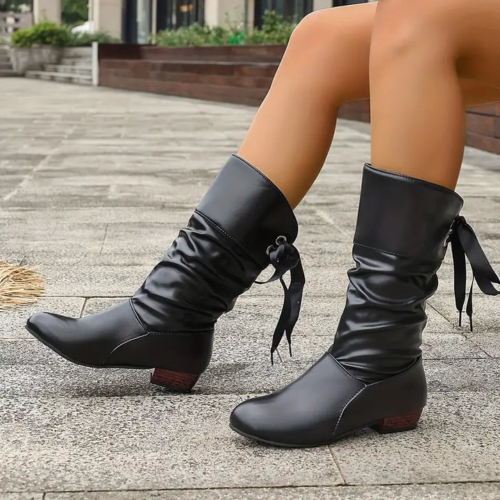 Levoire | Bottes à Lacets Femme Tendance à Talons Épais Mi-Mollet Noir