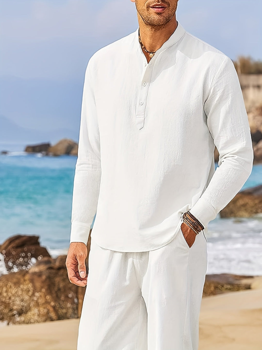 Levoire | T-Shirt Henley Homme Style Rétro À Manches Longues Uni