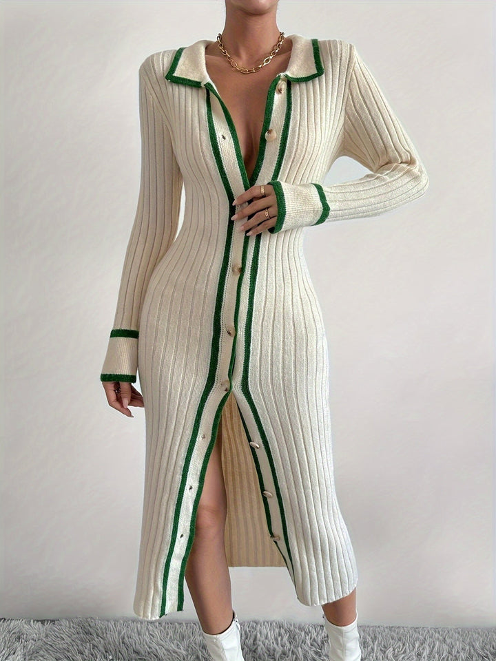 Levoire | Décoration Contrastante Et Patte De Boutonnage À L'Avant, Robe Élégante Et Étroite Avec Col Long Pour Le Printemps Et L'Automne, Vêtements Pour Femmes