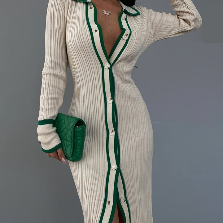 Levoire | Décoration Contrastante Et Patte De Boutonnage À L'Avant, Robe Élégante Et Étroite Avec Col Long Pour Le Printemps Et L'Automne, Vêtements Pour Femmes Abricot