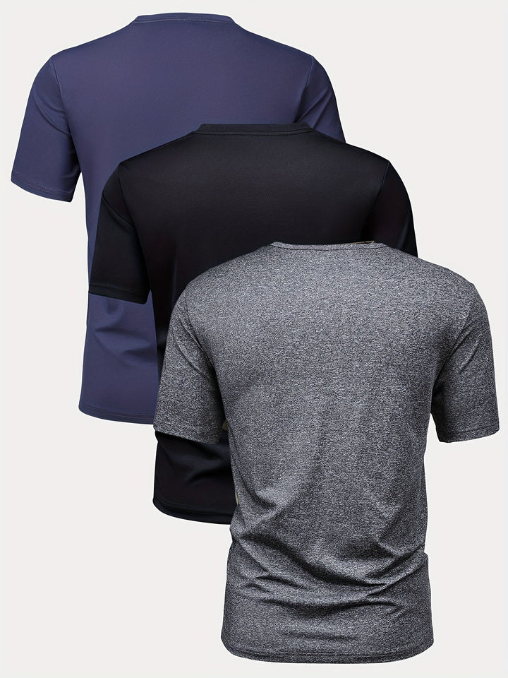 Levoire | Setti 3 T-Shirts Pour Hommes À Manches Courtes Et Col Rond Gris+noir+bleu-vent