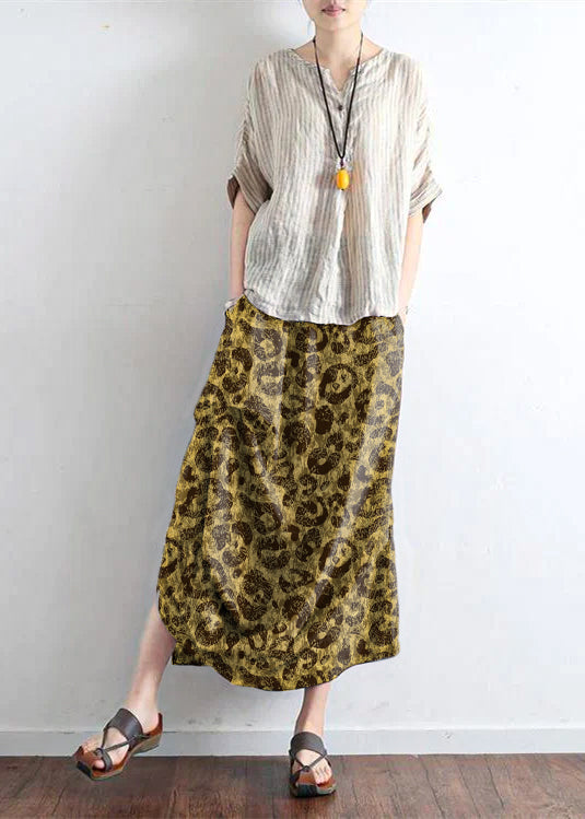 Levoire | Jupe En Lin Rouge Limitée Design Asymétrique Taille Élastique Jupe Longue léopard jaune