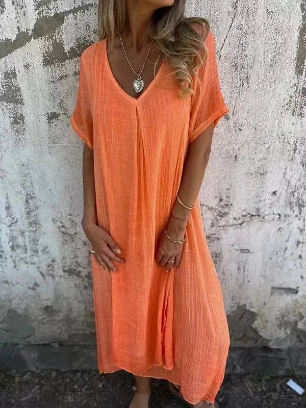 Levoire | Robe midi en coton et lin à encolure en V Orange Rouge