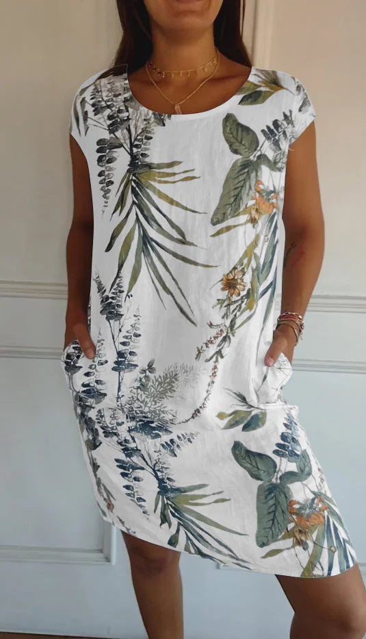 Levoire | imprimée à col rond en coton et lin pour femme Manches courtes blanches