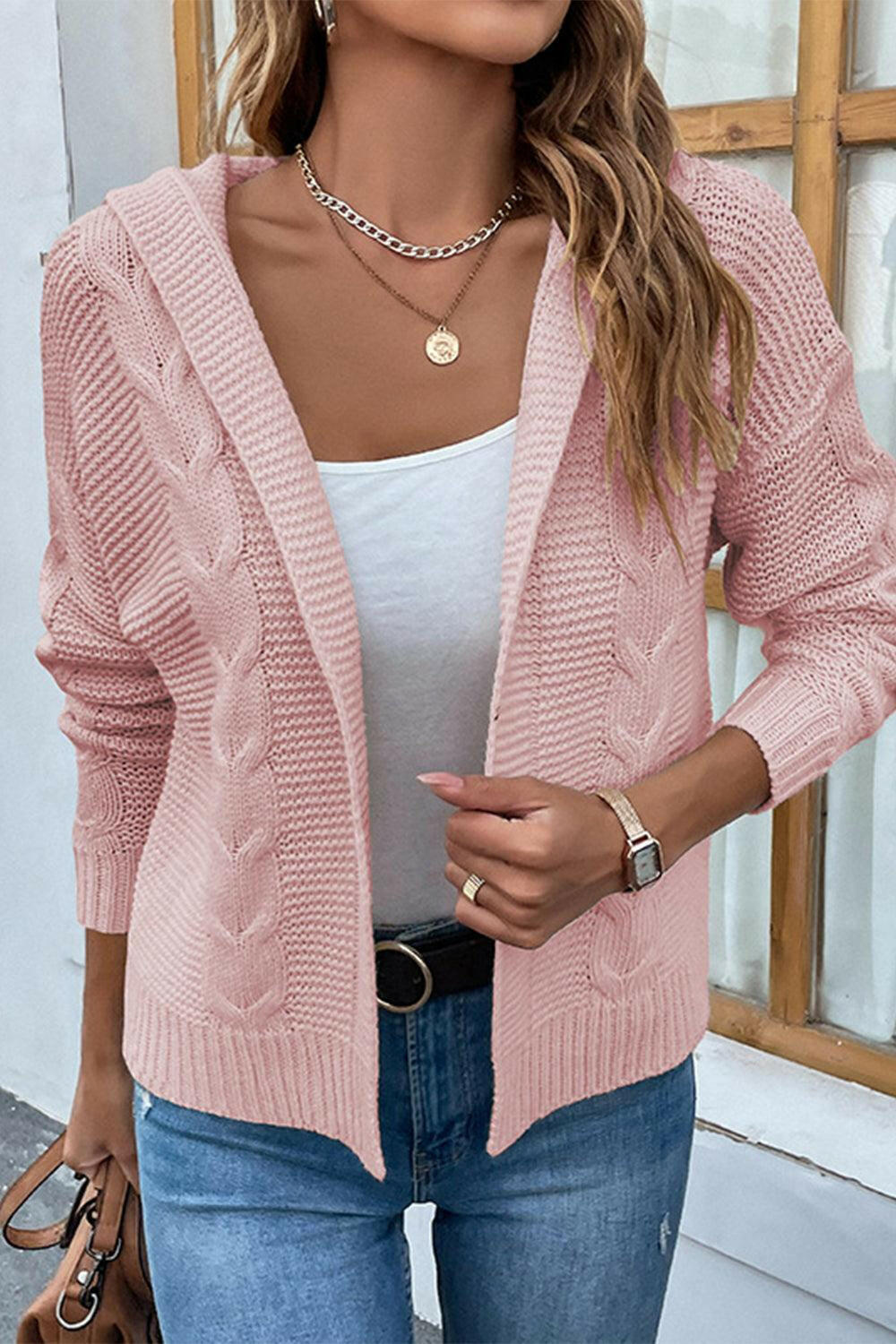 Levoire | Cardigan À Capuche En Câble Crush Rose Poudré