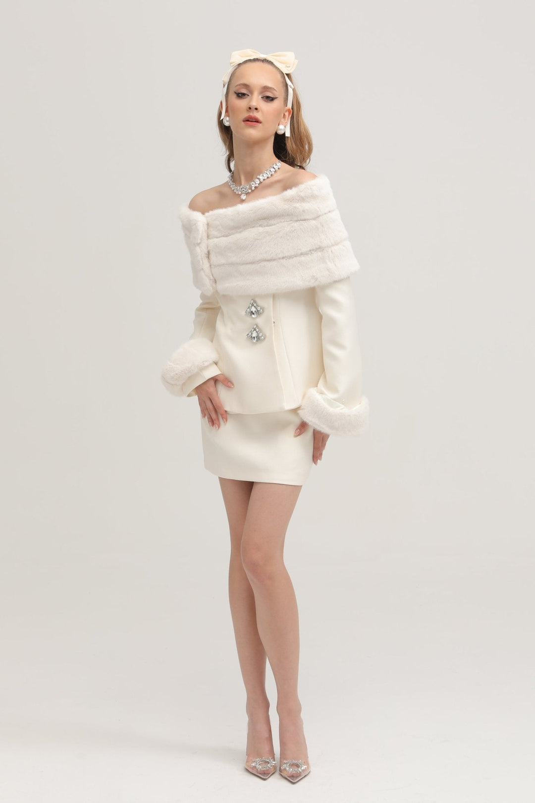 Levoire | Veste En Fausse Fourrure Blanche & Jupe Ensemble Assorti