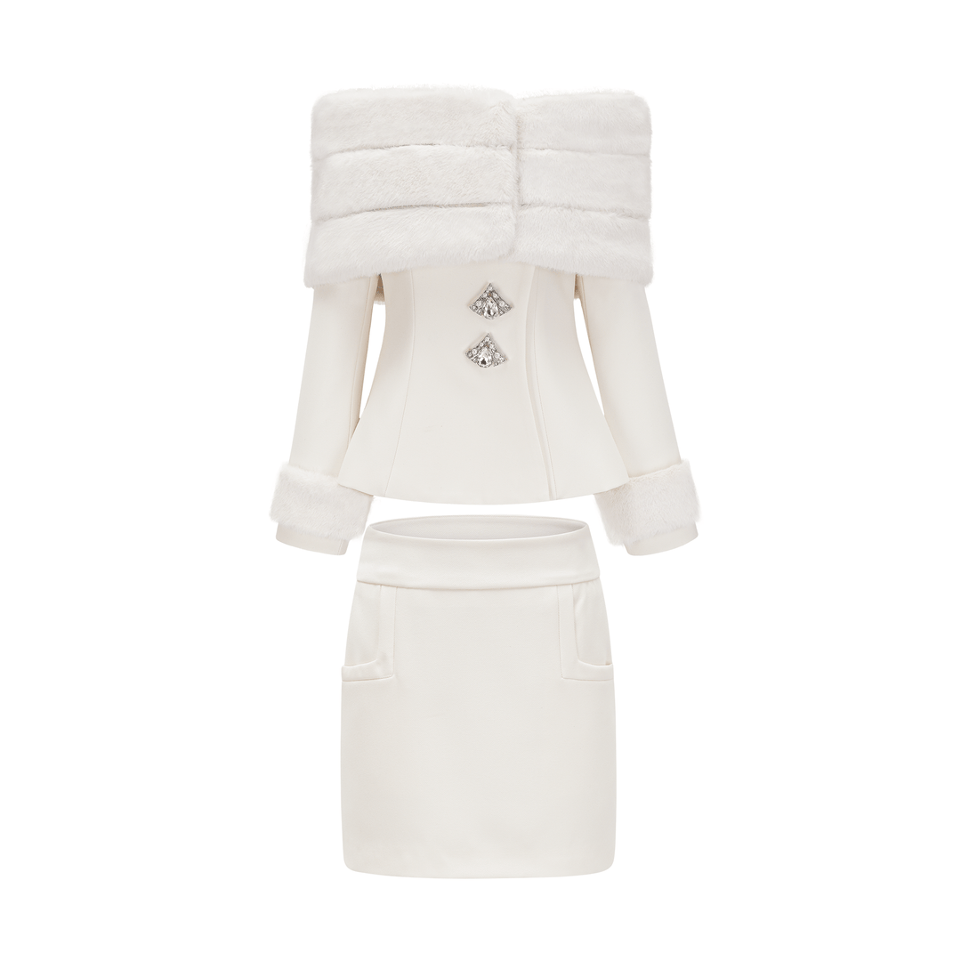Levoire | Veste En Fausse Fourrure Blanche & Jupe Ensemble Assorti Blanc