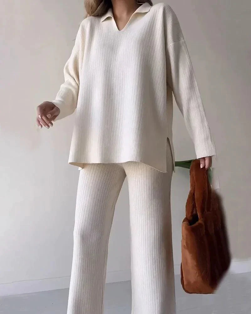 Levoire | Ensemble De Tricot Calme À Deux Pièces Avec Décolleté En V Et Fente Abricot