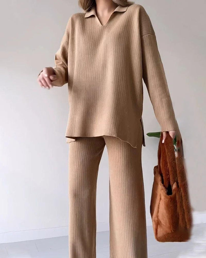 Levoire | Ensemble De Tricot Calme À Deux Pièces Avec Décolleté En V Et Fente Khaki