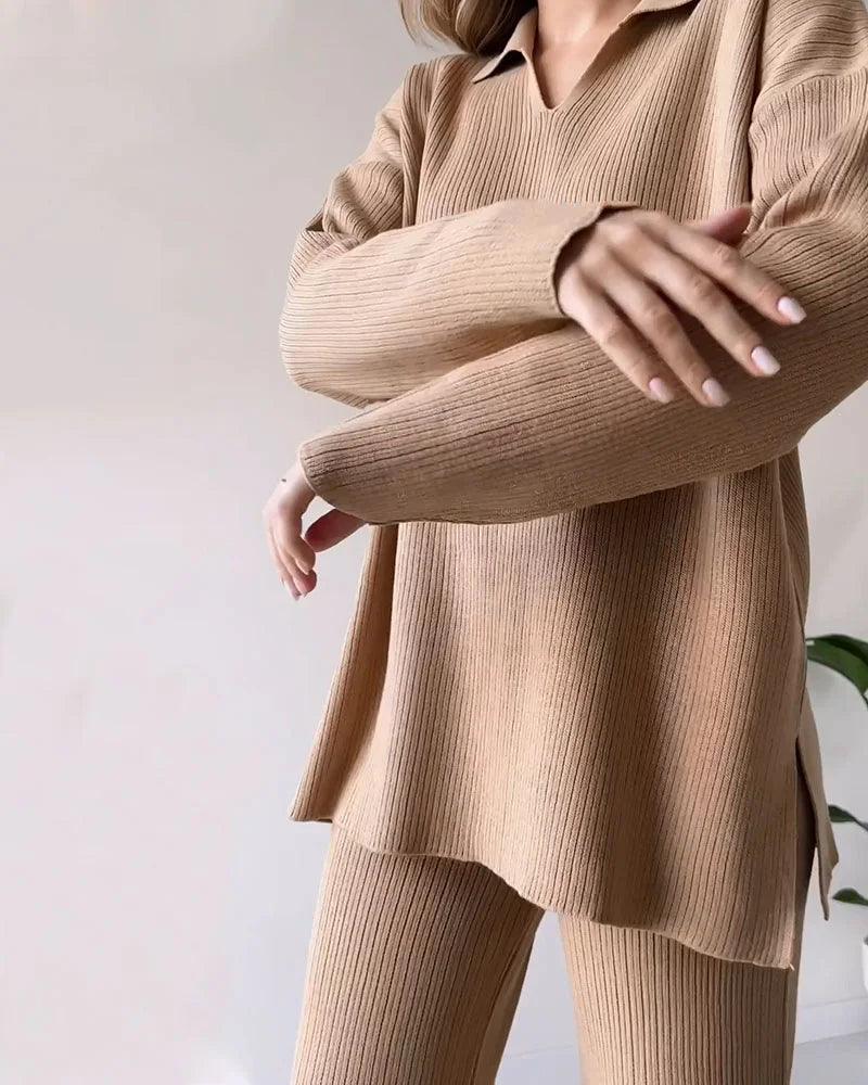 Levoire | Ensemble De Tricot Calme À Deux Pièces Avec Décolleté En V Et Fente