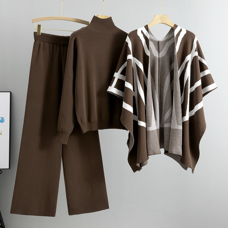 Levoire | Pull Tricoté Élégant Veste Pantalons Larges Braun une taille
