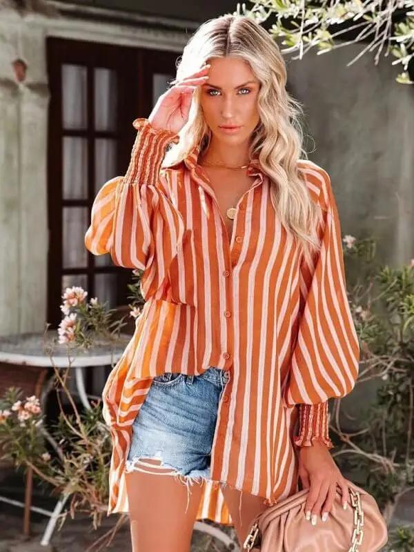 Levoire | Col chemise fine moyenne longue rayée décontractée à manches longues Rayures orange