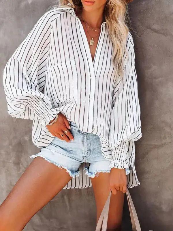 Levoire | Col chemise fine moyenne longue rayée décontractée à manches longues Rayures noires et blanches