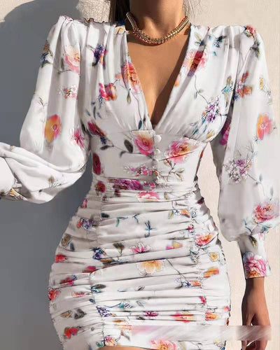 Levoire | robe à manches longues courte décolleté en V taille haute pour femme élégante