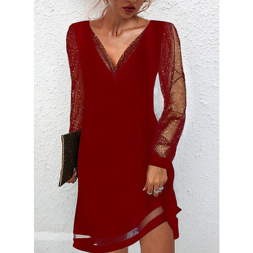 Levoire | robe courte à col V à manches longues en dentelle transparente de couleur uniforme