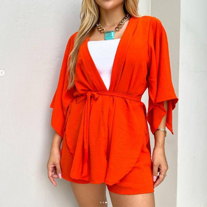 Levoire | Manches courtes évasées et Pantalon en toile d'été ORANGE