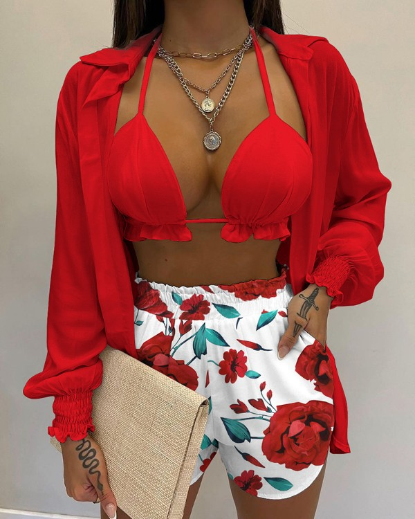 Levoire | maillot de bain trois pièces avec cardigan, haut et shorts ROUGE