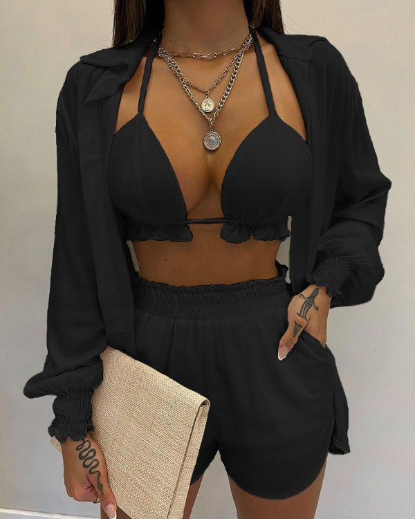 Levoire | maillot de bain trois pièces avec cardigan, haut et shorts NOIR