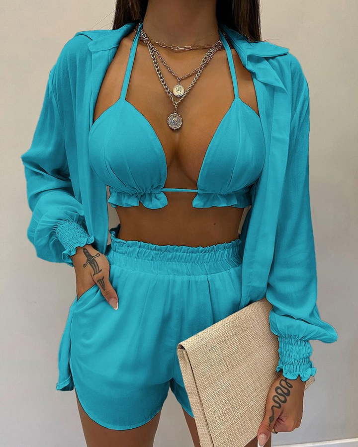 Levoire | maillot de bain trois pièces avec cardigan, haut et shorts BLEU