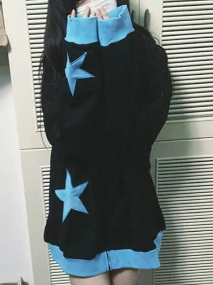 Levoire | Couleur Contrastante Imprimé Étoiles Surdimensionné Sweat À Capuche Noir
