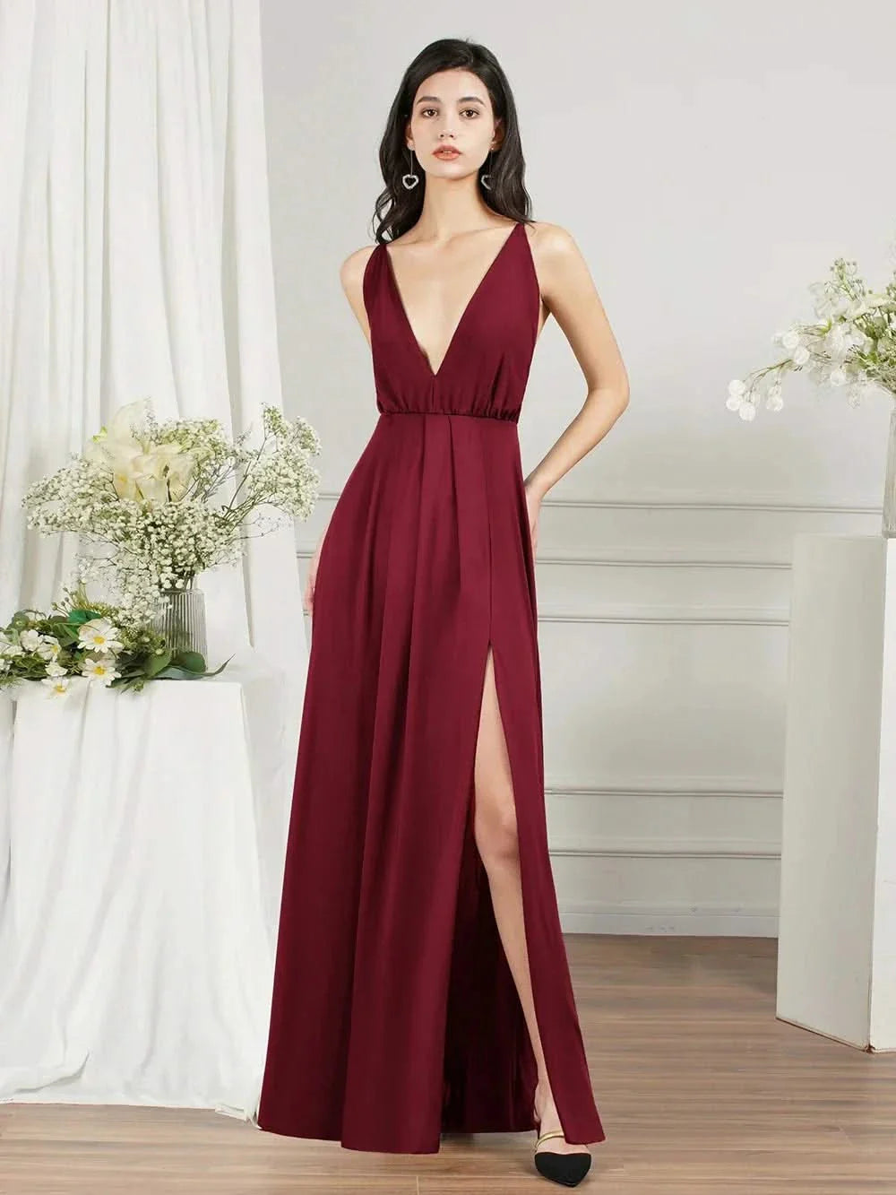 Levoire | Robe De Mariée Sexy En Chiffon Avec Des Lanières Croisées Bordeaux