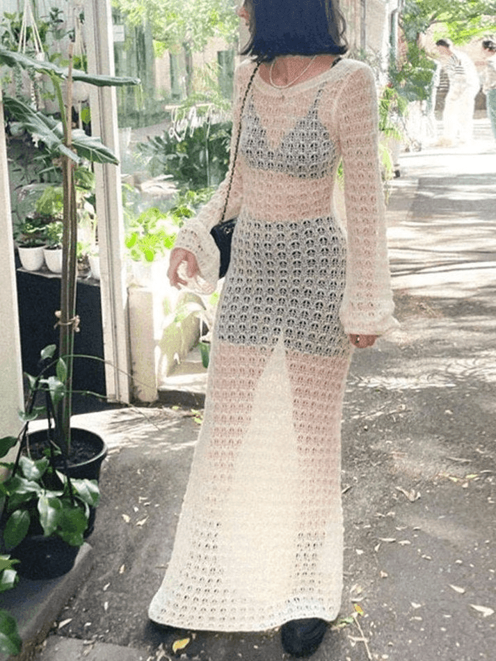 Levoire | Tricot Dos Haut Ouvert À Manches Longues Couvrir Maxi Robe Blanc