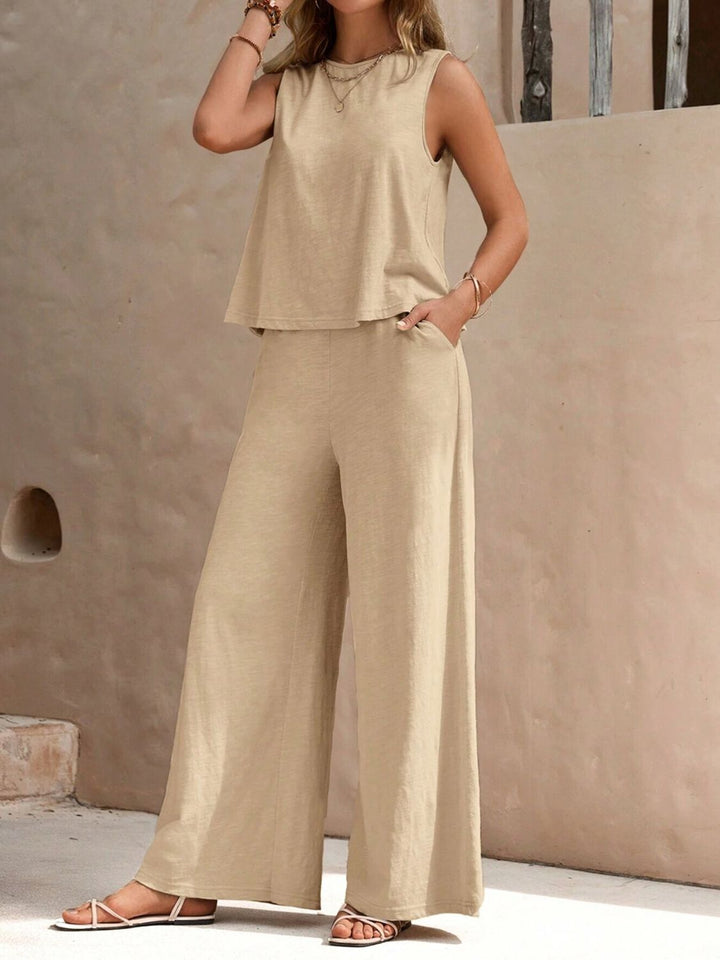 Levoire | Haut Col Rond Sans Manches Et Pantalon À Jambes Larges Beige