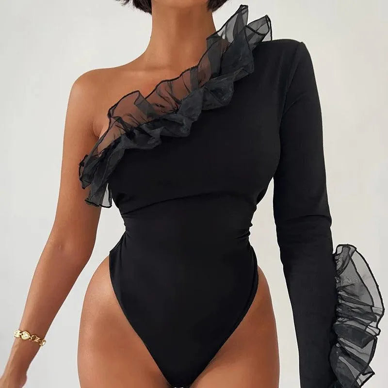 Levoire | Salopette Femme Slim Fit Une Épaule avec Coutures en Mousse Noir