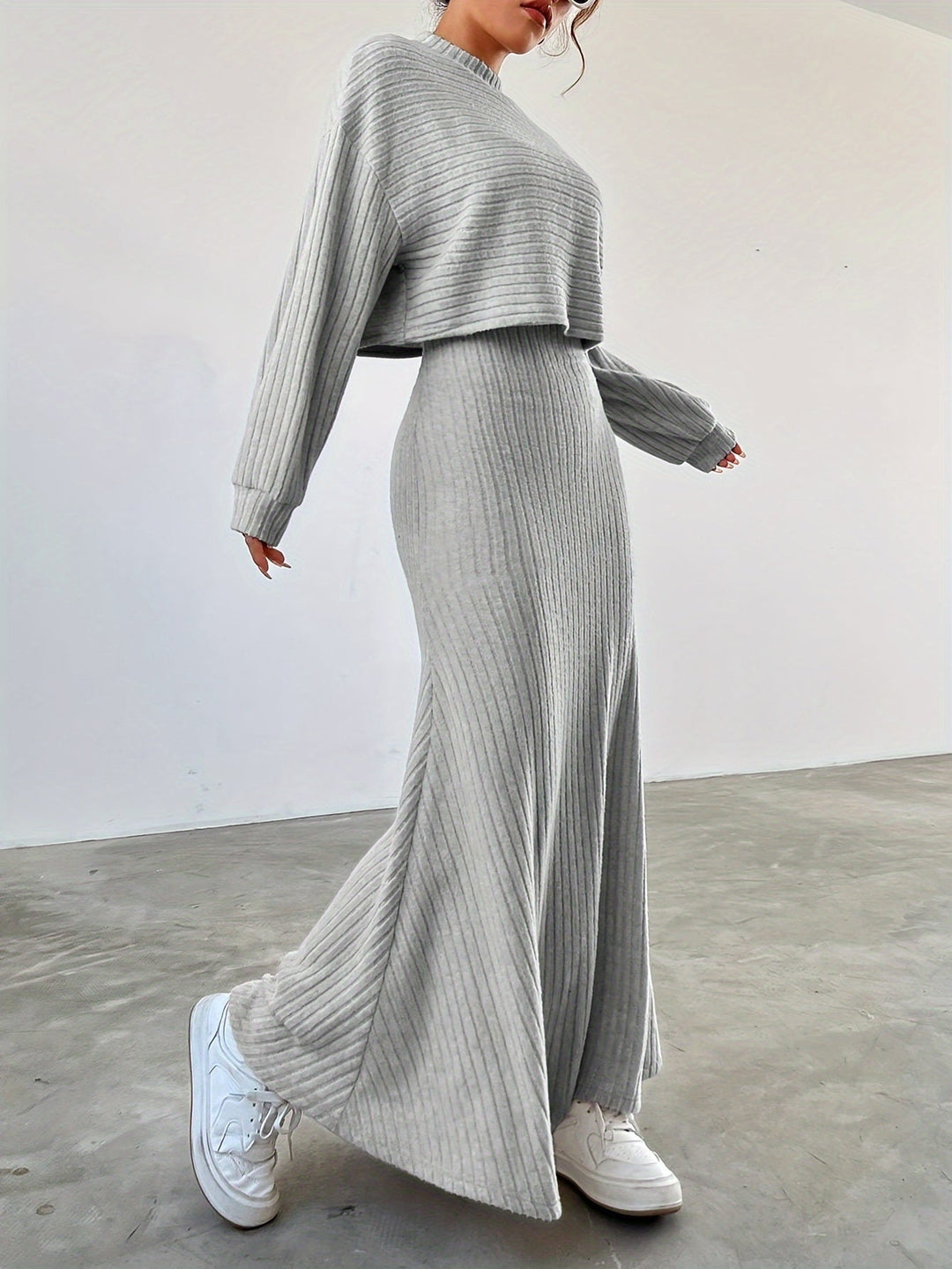 Levoire | Uten Manches Long Robe À Encolure Ronde Ensemble Tricoté À Deux Pièces Gris