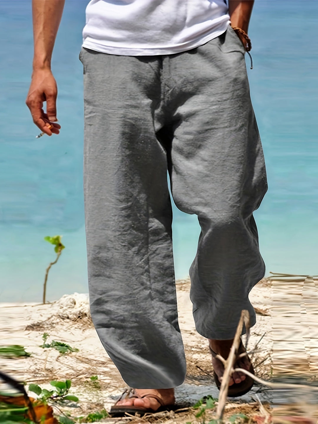 Levoire | Loisirs Coton Lin Pantalons Couleur Unie gris