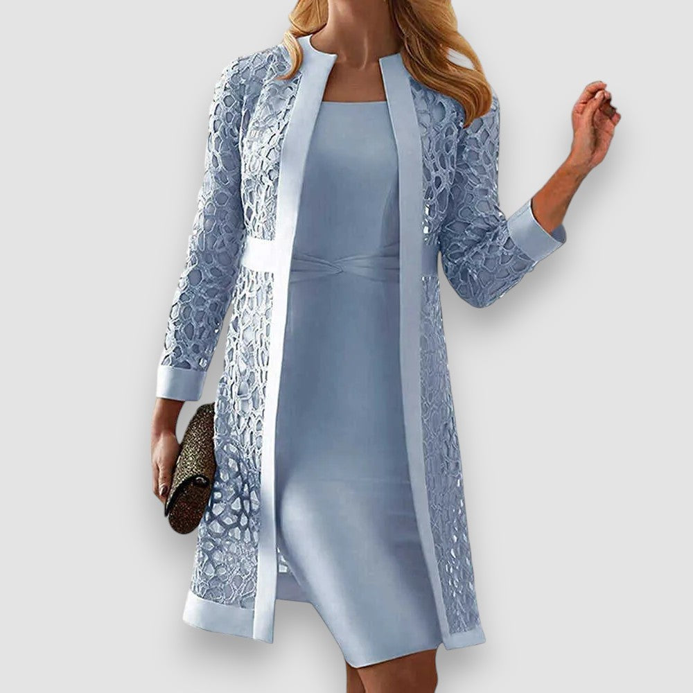 Levoire | Robe Élégante Deux Pièces Avec Veste En Dentelle Pour Dames Bleu