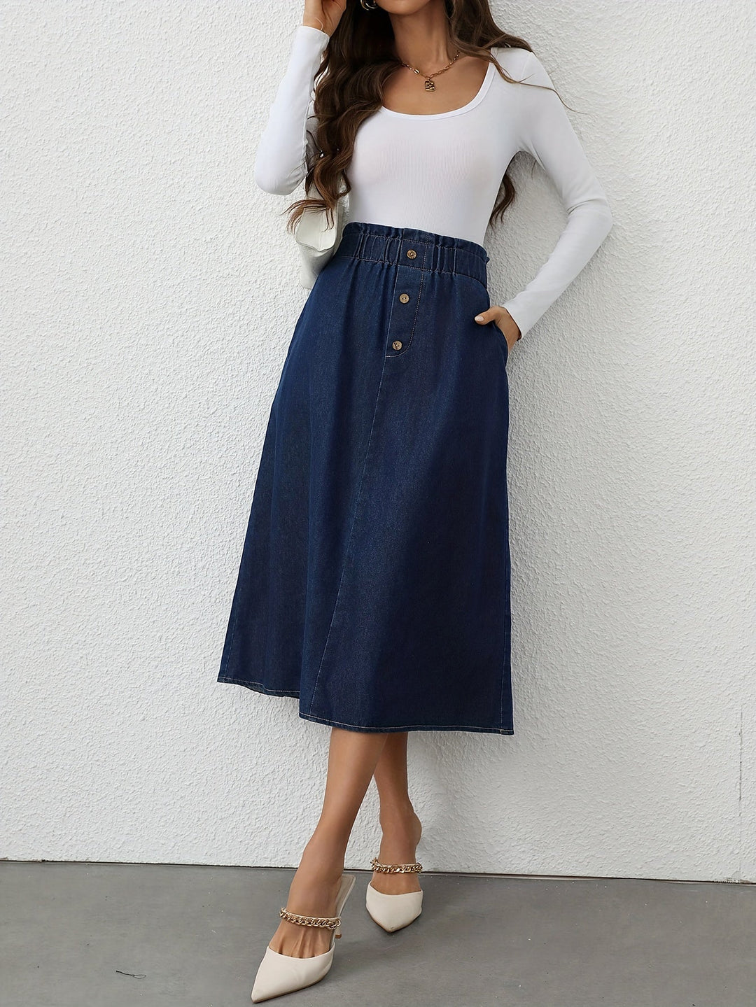 Levoire | Jupe Midi En Denim À Taille Haute Avec Fermeture À Boutons Bleu profond