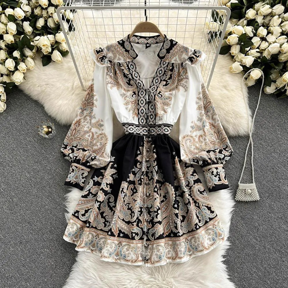 Levoire | Robe imprimée pour femmes avec des manches ballons et un décolleté en V Blanc