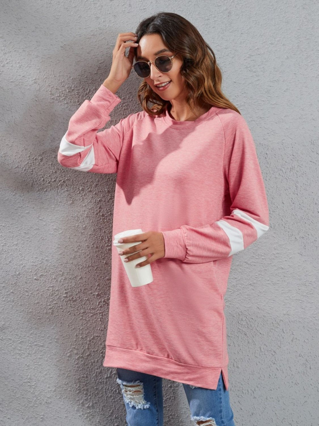 Levoire | Taille pleine t-shirt à rayures à col rond à manches longues Brennt corail