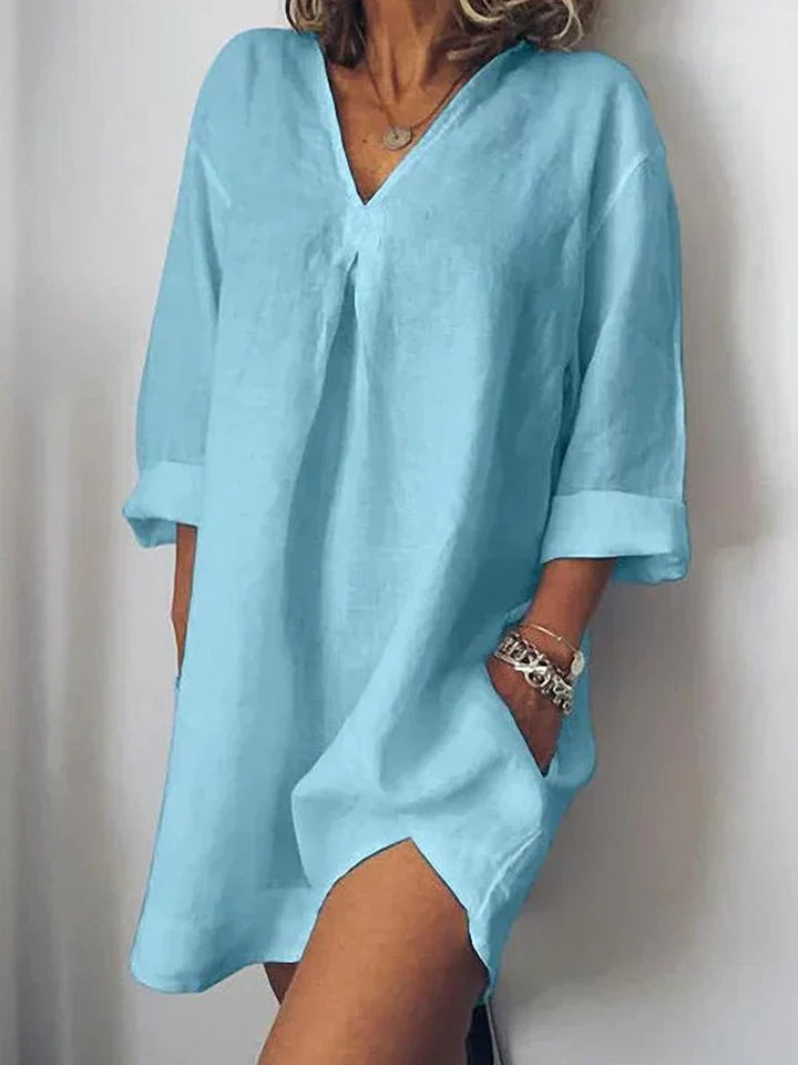 Levoire | Robe En Lin - Décolleté En V & Demi-Manche Bleu