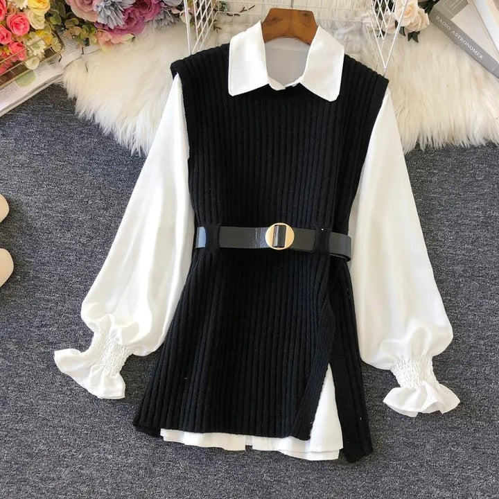 Levoire | Robe femme 2 pièces : chemise blanche et gilet noir avec ceinture Noir